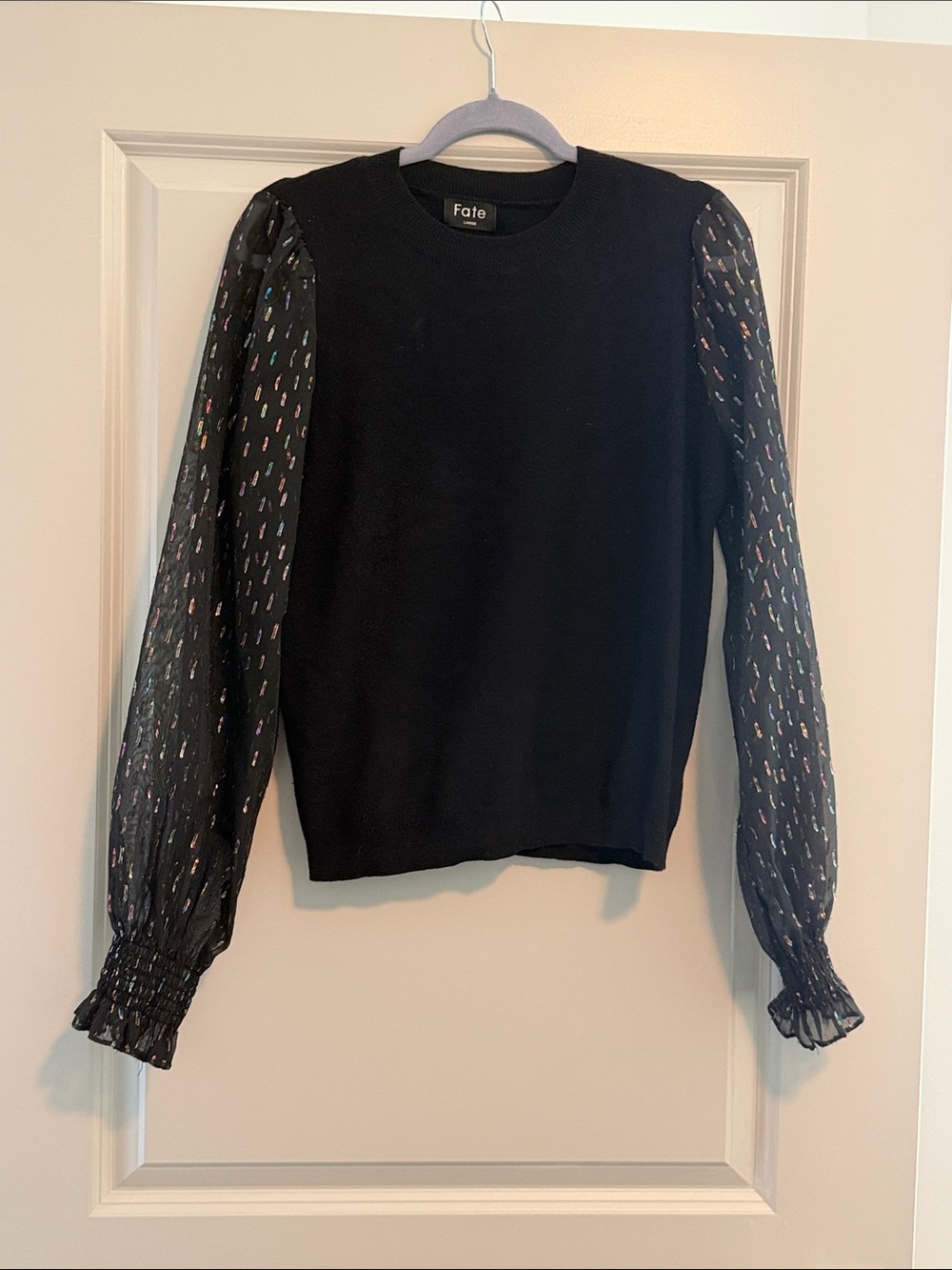 Fate Black Sweater with Multicolor Confetti Sheer Sleeves
